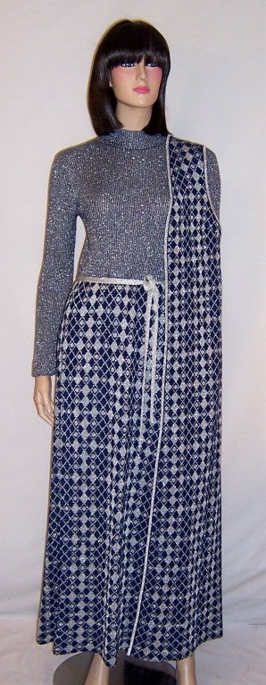 1960's Louis Feraud Maxi-Dress &Tunic Ensemble-Navy & Silver For Sale 4