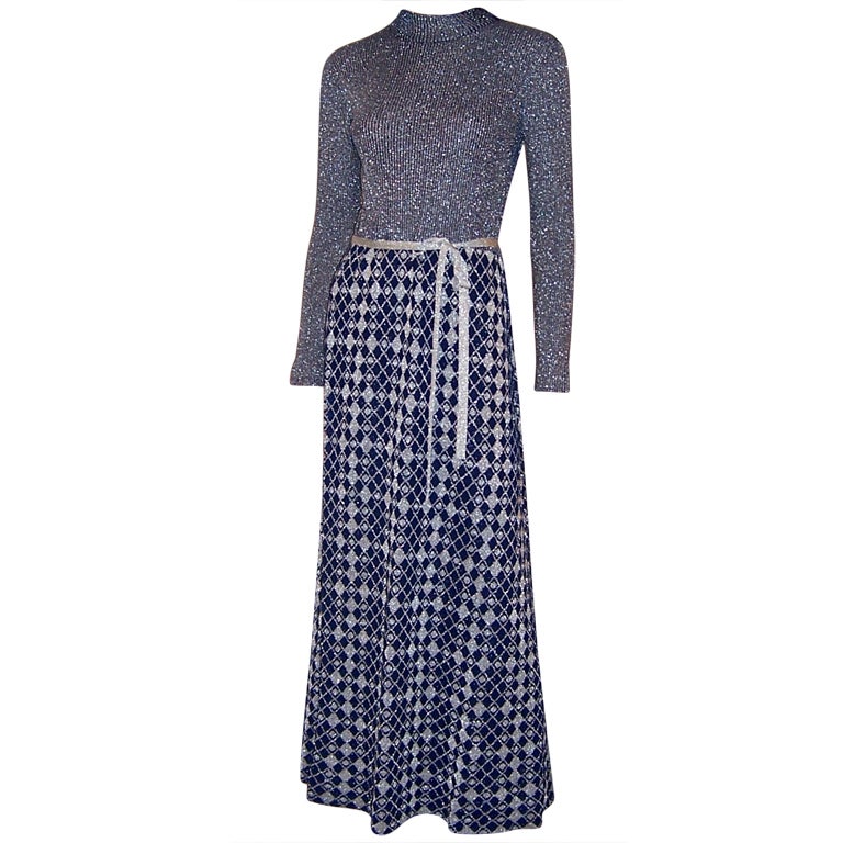 1960's Louis Feraud Maxi-Dress &Tunic Ensemble-Navy & Silver For Sale