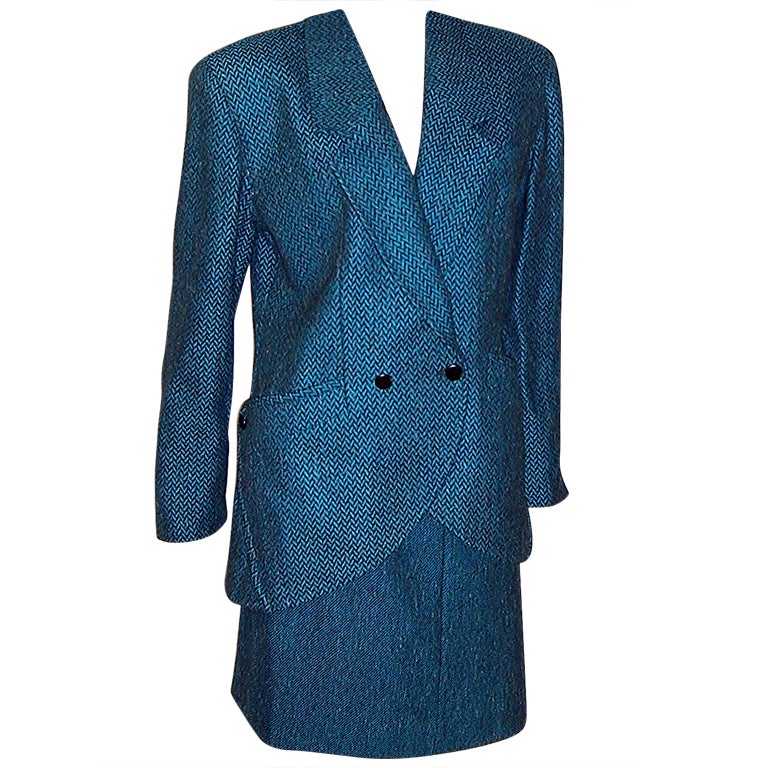 YST by Reuven-Turquoise & Charcoal HerringboneTweed Suit For Sale