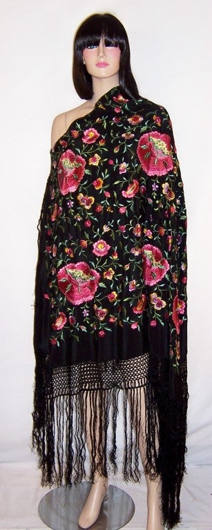 1920's Black Silk Shawl with Large Cerise-Colored Floral Designs