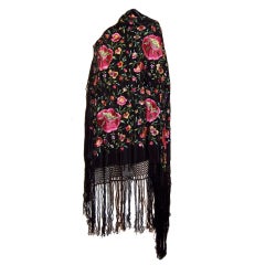 1920's Black Silk Shawl with Large Cerise-Colored Floral Designs
