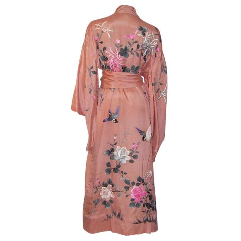 1920's Japanese Apricot Silk Embroidered Kimono with Sash For Sale