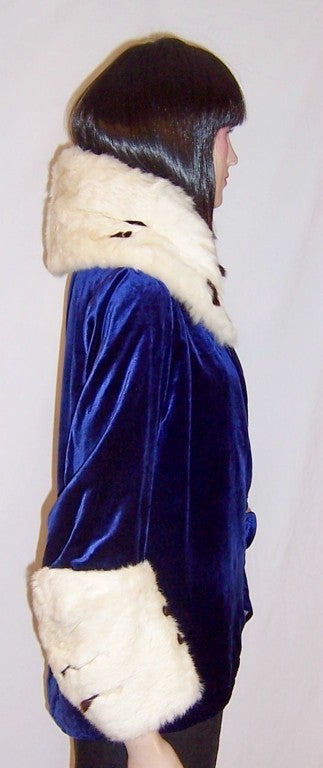 Women's Superb 1920's Royal Blue Silk Velvet Jacket with Ermine Trim For Sale