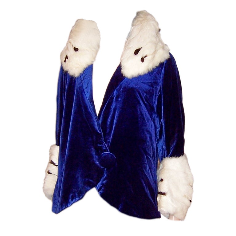 Superb 1920's Royal Blue Silk Velvet Jacket with Ermine Trim For Sale
