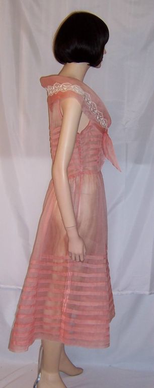 1920's Crisp Pink Organdy Dress with Interesting Details For Sale 1