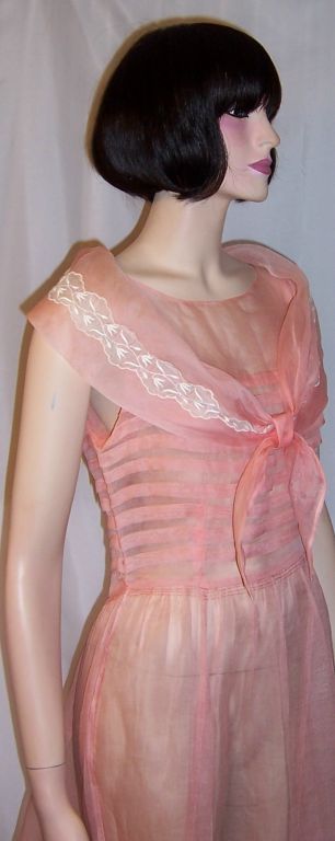 1920's Crisp Pink Organdy Dress with Interesting Details For Sale 2