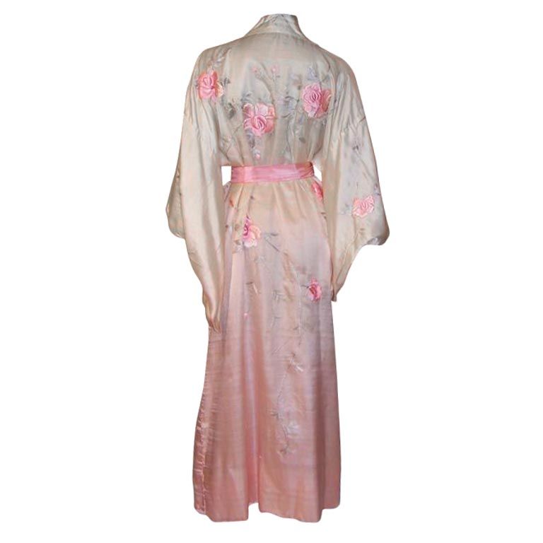 1920's White/Pink Hand-Embroided Kimono with Ombre Treatment For Sale