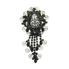 Black Rhinestone and Enameled Dangle Brooch
