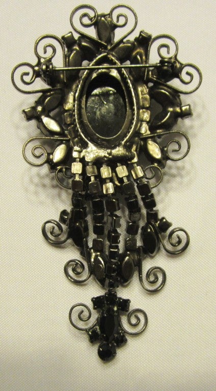 Black Rhinestone and Enameled Dangle Brooch