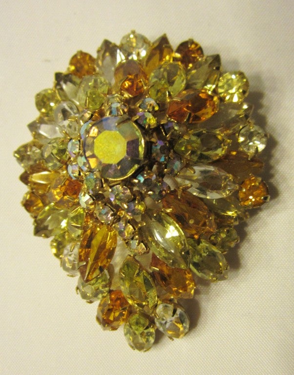 Large Topaz and Clear Rhinestone Brooch