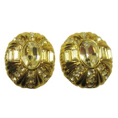 Large Oval-Shaped Clear Rhinestone Earrings on Gold-Toned Metal