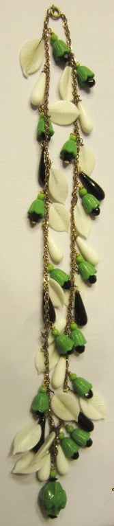 Art Deco Necklace of Green, White, &  Black Glass Beads, Florets