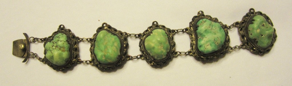 Women's Chinese Turquoise Bracelet on Silver-Toned Metal For Sale