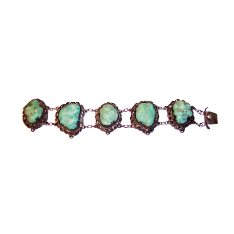Chinese Turquoise Bracelet on Silver-Toned Metal For Sale
