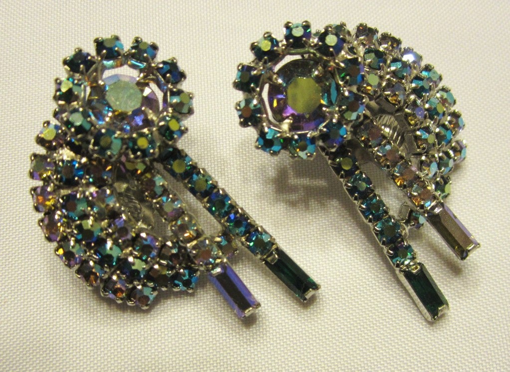 Teal Green & Clear Rhinestone Clip-On Earrings