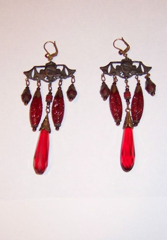 Red/Crimson Poured Glass Molded Czech. Dangle Earrings