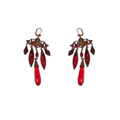 Red/Crimson Poured Glass Molded Czech. Dangle Earrings