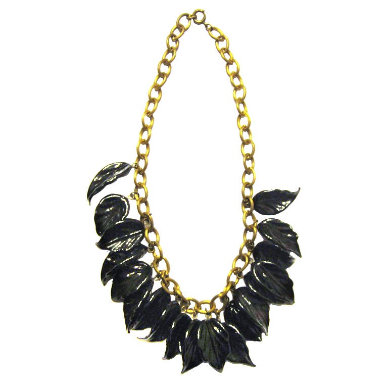 1930's-1940's Midnight Navy Glass Leaf Necklace For Sale