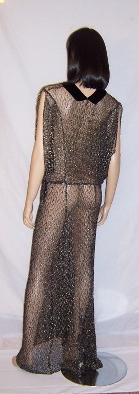 Women's 1930's Black & Silver Metallic Lace Gown with Velvet Details For Sale