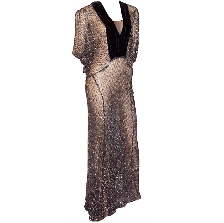 1930's Black & Silver Metallic Lace Gown with Velvet Details For Sale