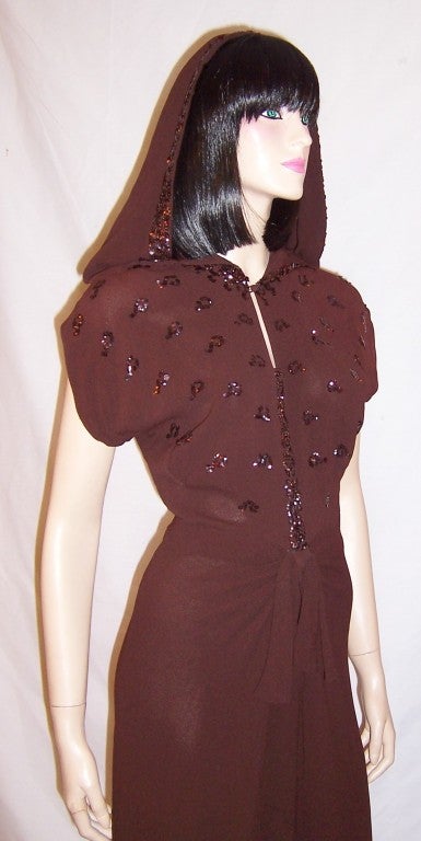 1940's Brown Crepe Sequined Dress with Hood For Sale 1