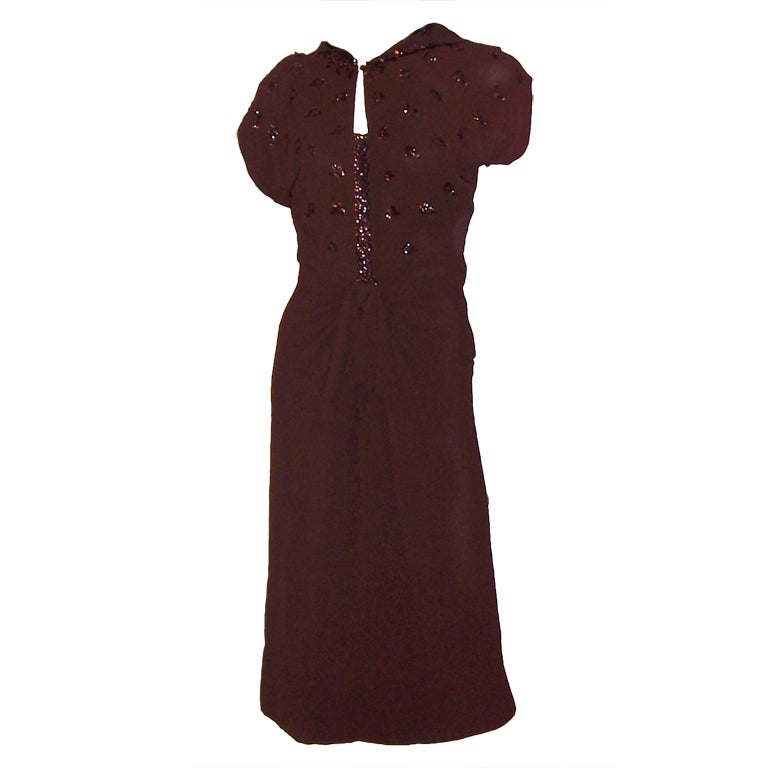 1940's Brown Crepe Sequined Dress with Hood For Sale