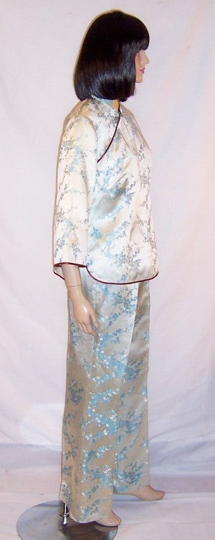 Women's 1960's Pale Blue Chinese Silk Brocade Lounging Ensemble For Sale
