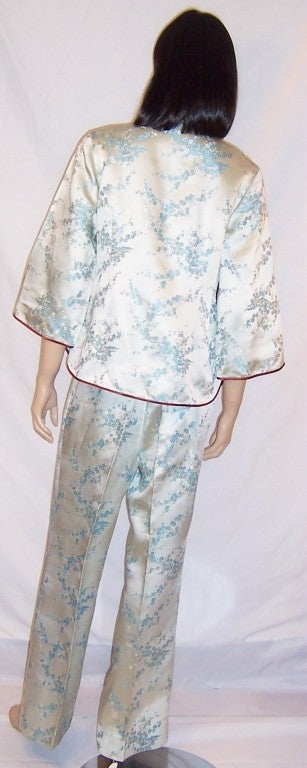 1960's Pale Blue Chinese Silk Brocade Lounging Ensemble For Sale 1