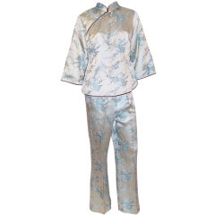1960's Pale Blue Chinese Silk Brocade Lounging Ensemble