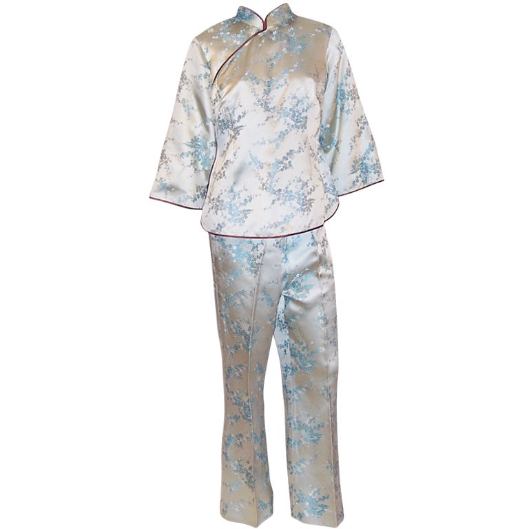 1960's Pale Blue Chinese Silk Brocade Lounging Ensemble For Sale