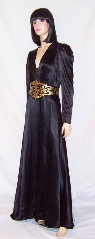 1940's Black Charmeuse Gown with Gold Leather Details In Good Condition For Sale In Oradell, NJ