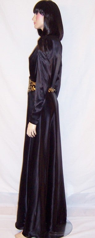 Women's 1940's Black Charmeuse Gown with Gold Leather Details For Sale