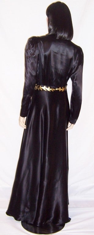 1940's Black Charmeuse Gown with Gold Leather Details For Sale 1
