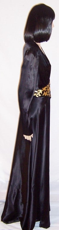 1940's Black Charmeuse Gown with Gold Leather Details For Sale 2