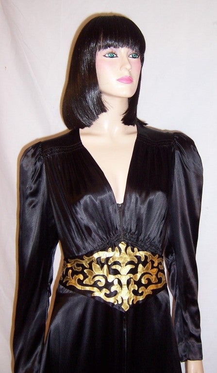 1940's Black Charmeuse Gown with Gold Leather Details For Sale 3