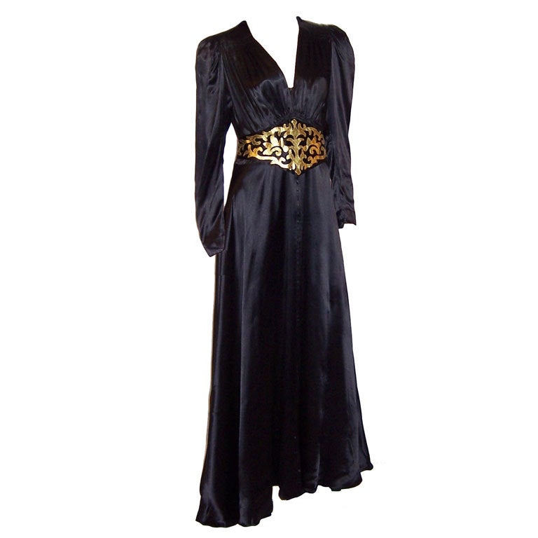 1940's Black Charmeuse Gown with Gold Leather Details For Sale
