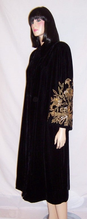 Art Deco Black Silk Velvet Coat with Gold Embroidery & Beadwork