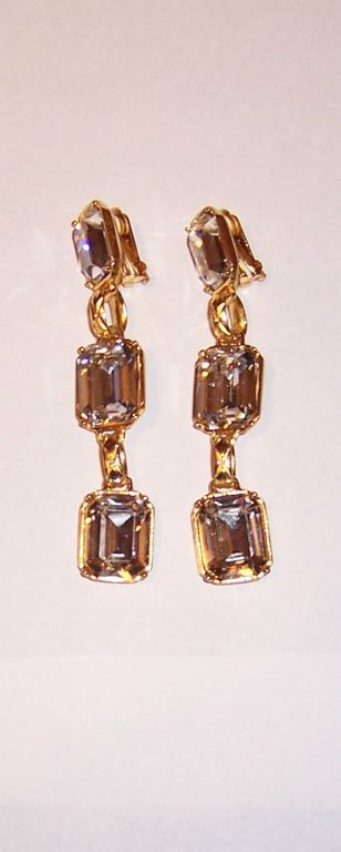 Women's Long Dangle Earrings Made of Large Rectangular Cut Rhinestones For Sale