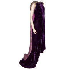 Art Deco Aubergine Silk Velvet Gown with Metallic Lace Train