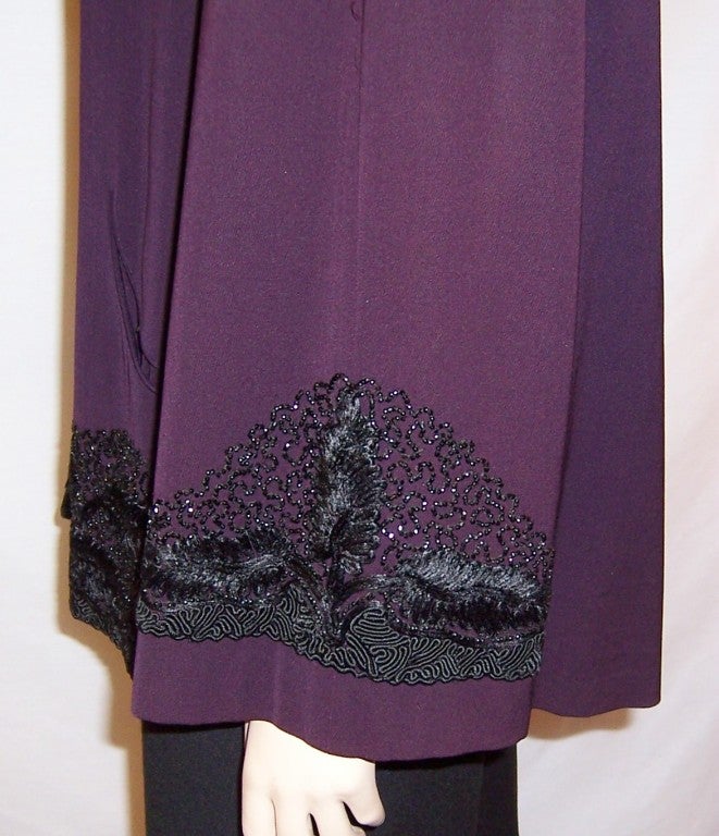 1940's Aubergine Swing Coat with Elaborate Beading & Embroidery For Sale 3