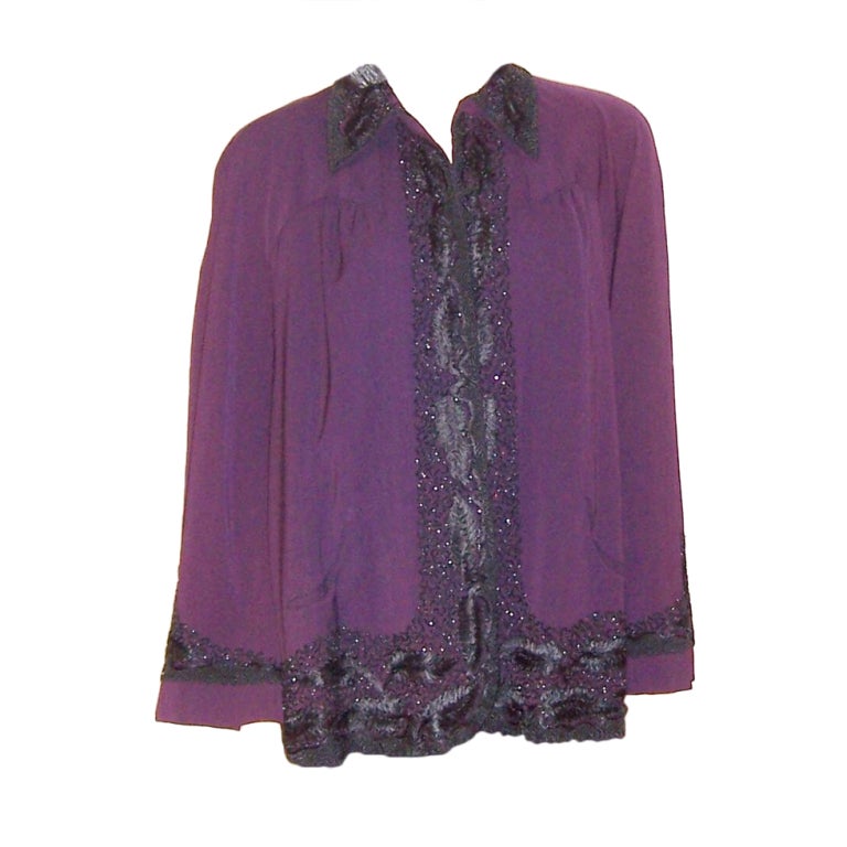 1940's Aubergine Swing Coat with Elaborate Beading & Embroidery For Sale