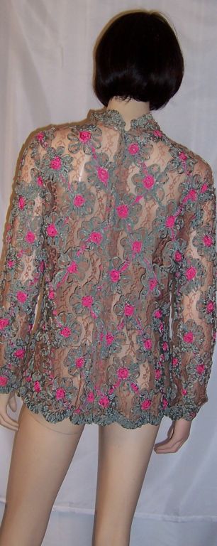 Women's 1950's Pink/Teal Green Silk Ribbon Blouse on Mocha Lace For Sale