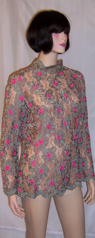 1950's Pink/Teal Green Silk Ribbon Blouse on Mocha Lace For Sale 2