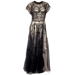 Vintage 1940's Black Floor Length Evening Gown with Sequined Designs