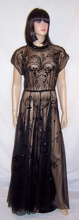 1940's Black Floor Length Evening Gown with Sequined Designs