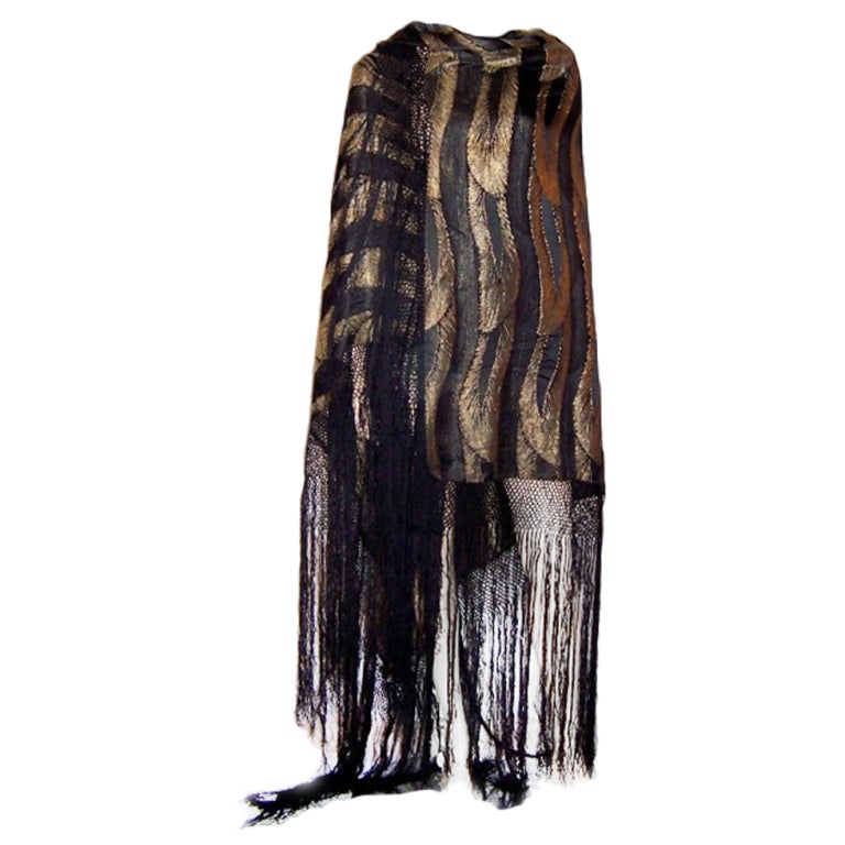 1920's French Black & Gold Lame Shawl in Stylized Leaf Designs For Sale