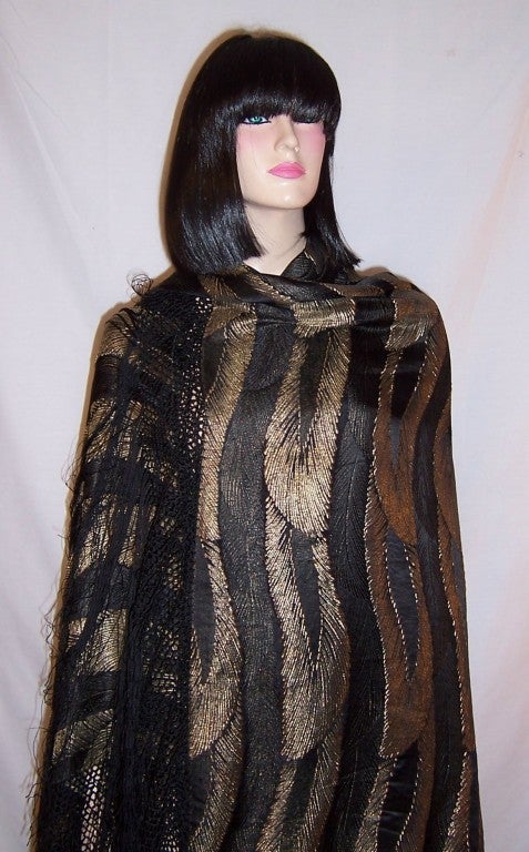 Women's 1920's French Black & Gold Lame Shawl in Stylized Leaf Designs For Sale