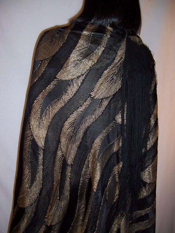 1920's French Black & Gold Lame Shawl in Stylized Leaf Designs For Sale 2