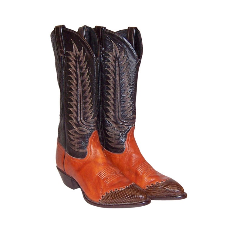 Vintage Tony Lama Cowboy Boots in Burnt Sienna and Brown For Sale