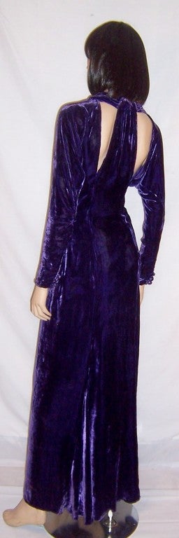Women's Stunning 1930's Violet Silk Velvet Evening Gown with Rhinestones For Sale